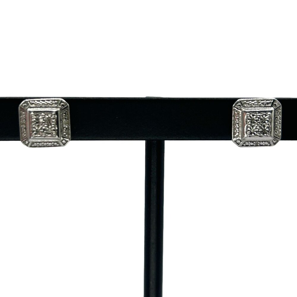 925 Sterling Silver 9.2mm Square Stud Earrings w Natural Diamonds